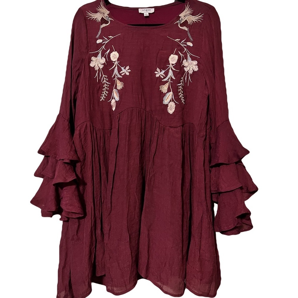 Umgee small bohemian Flower & Crane lined dress embroidered peplum bell sleeves